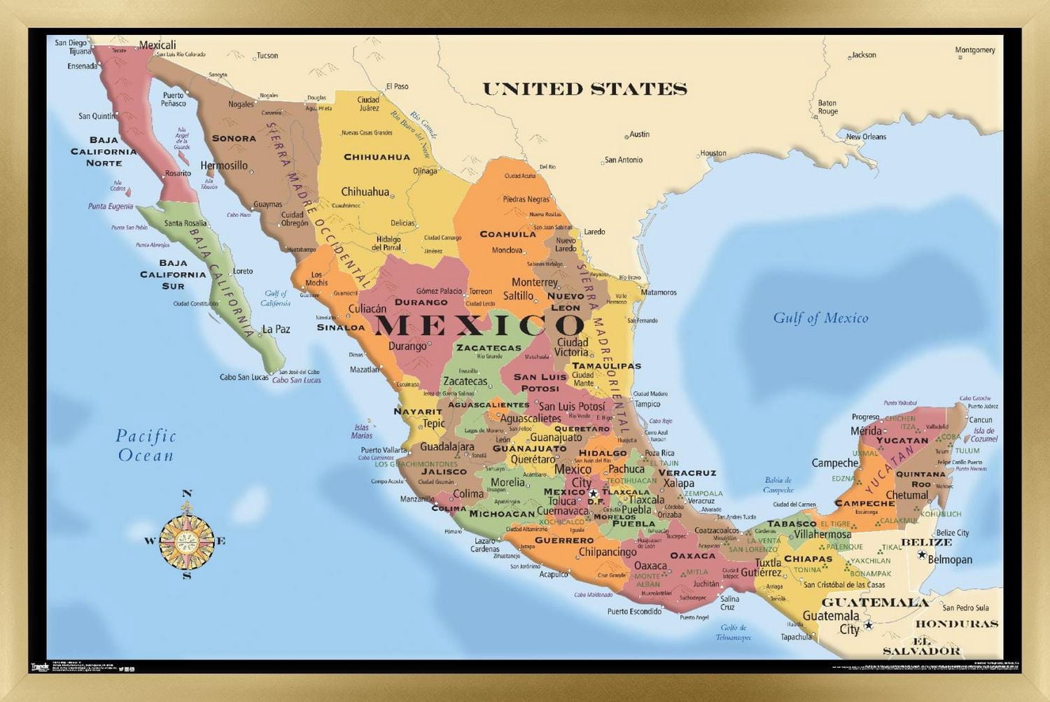 Map - Mexico Wall Poster, 22.375" x 34" Framed