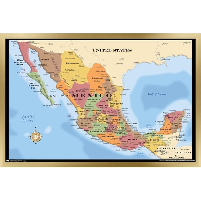 Map - Mexico Wall Poster, 22.375" x 34" framed showing a detailed political map of Mexico with state boundaries and major cities labeled, bordered by the United States to the north, the Pacific Ocean to the west, and the Gulf of Mexico to the east, featuring a compass rose and beige frame, ideal for home or office wall decor.