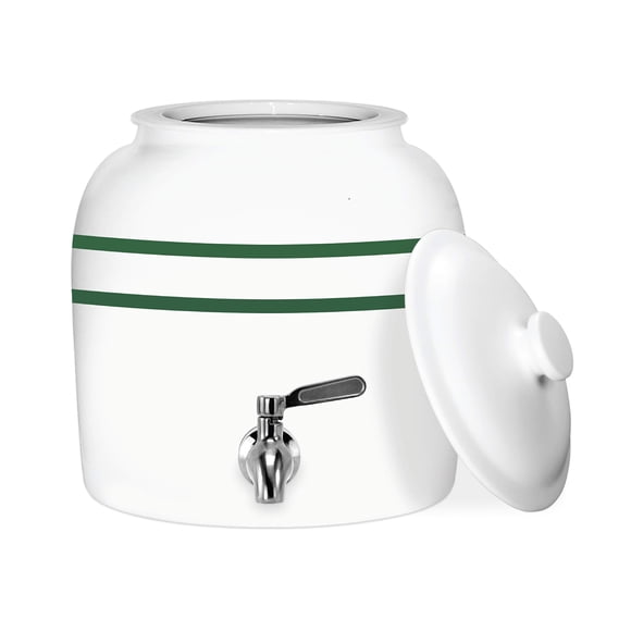 Geo Sports Distributeur d'Eau en Porcelaine et Céramique Type Crock, Robinet en Acier Inoxydable, Valve et Couvercle Inclus. Convient aux Cruches de 3 à 5 Gallons (Rayure Verte)