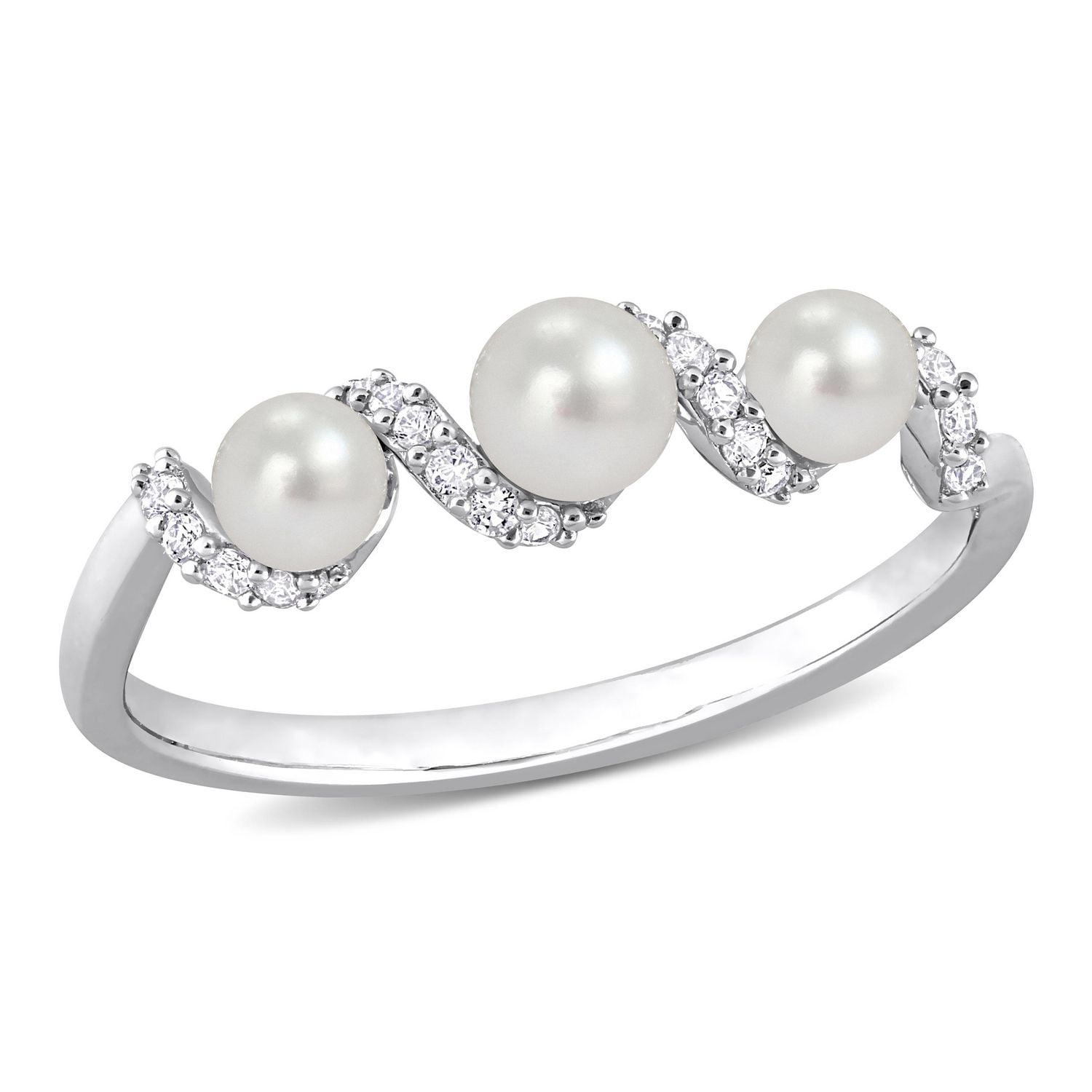 Bague torsadée à trois pierres Miabella avec 1/4 Carat PBT de Saphir Blanc et perles de culture d'eau douce en Argent Sterling
