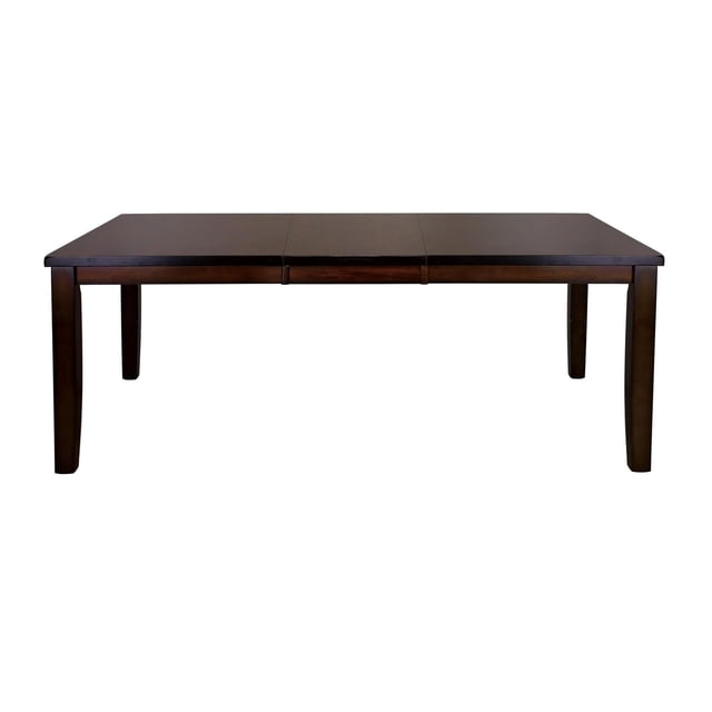 Topline Home Furnishings Burnished Espresso Dining Table with a rectangular shape and burnished espresso finish over mango veneer and wood, featuring a separate extension drop-in leaf that extends the table from 60 to 78 inches, seating six, shown front-facing on a white background, suitable for dining or workspace use.