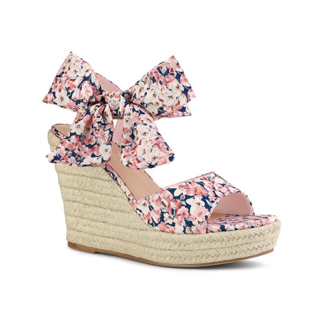 BLISSFUL STEP Chaussures pour Femmes Sandales Compensées Espadrilles à Plateforme à Bride Arrière à Imprimé Floral avec Nœud Rose 7