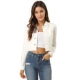thumbnail image 1 of INSPIRE CHIC Women's Frayed Hem Button up Long Sleeve Washed Cropped Denim Jacket, 1 of 6