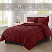 Reversible 3-Piece Comforter Set with Matching Shams, Two Colors in One for Ultimate Versatility and Style, Full/Queen, Burgundy/Dusty