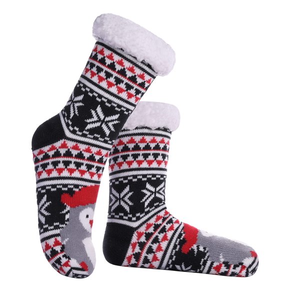 DYW Women Winter Thick Slipper Socks with Grippers Non Slip Warm Fleece Lining Fluffy Fuzzy Socks Christmas Gifts (Snowflake Penguins)