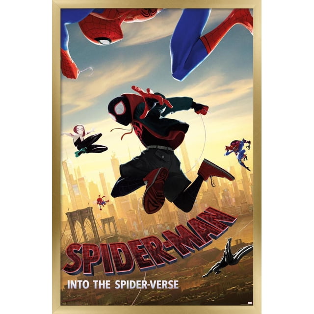 Marvel MCU - Spider-Man - Into The Spider-Verse - Affiche Murale de Plongée, 22,375 Pouces x 34 Pouces Mettant en Vedette Plusieurs Personnages de Spider-Man en poses Dynamiques en Vol au-Dessus d'Une skyline Urbaine au Coucher du Soleil, Encadrée en beige avec Texte de Titre Spider-Man Rouge et Noir Audacieux et sous-Titre Blanc, Convient pour Décorer des Chambres, des Bureaux Ou des Dortoirs.