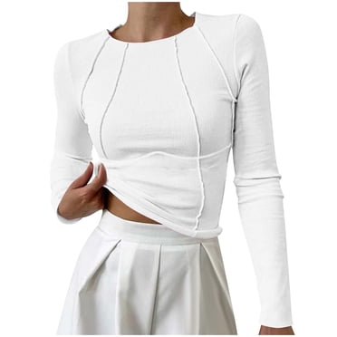 Timegard Crop Tops for Women Crew Neck Long Sleeve Slim Bottom Blouse Fall Casual Going out Shirts Tops