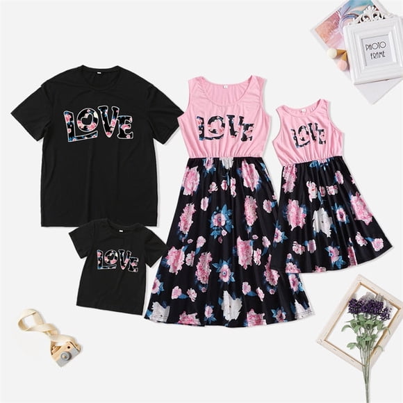Family Matching Outfits Sleeveless Mother Daughter Dresses Flower Mommy and Me Clothes Short Sleeve Father Son T-shirts