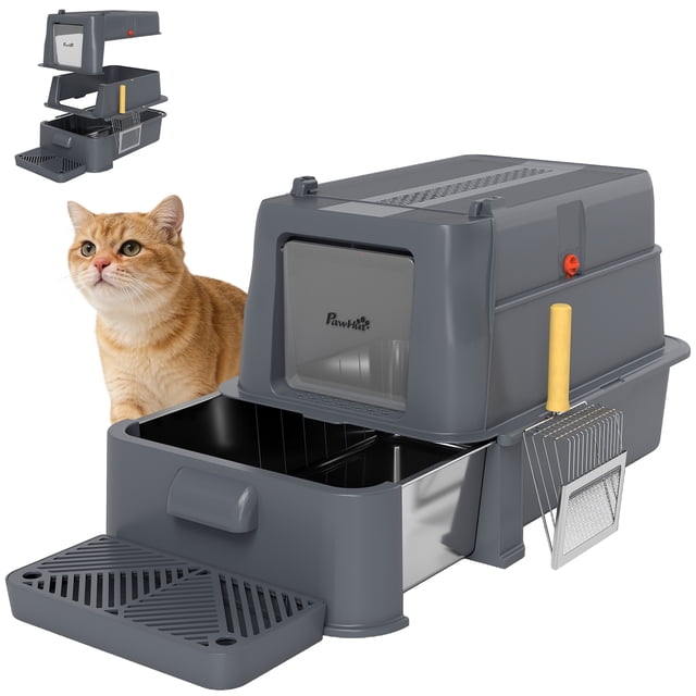 PawHut 80L stainless steel cat litter box in dark grey, designed for large cats or multi-cat households. Features include a pull-out drawer, flip-up front, and a stainless steel pan for odour resistance and easy cleaning. Offers three configurations: fully enclosed, semi-enclosed, or open. Includes a dual anti-tracking system with a grate and pedal, a deodorizer slot, and a litter scoop. Dimensions: 24.8 inches long, 16.9 inches wide, and 16.9 inches high.