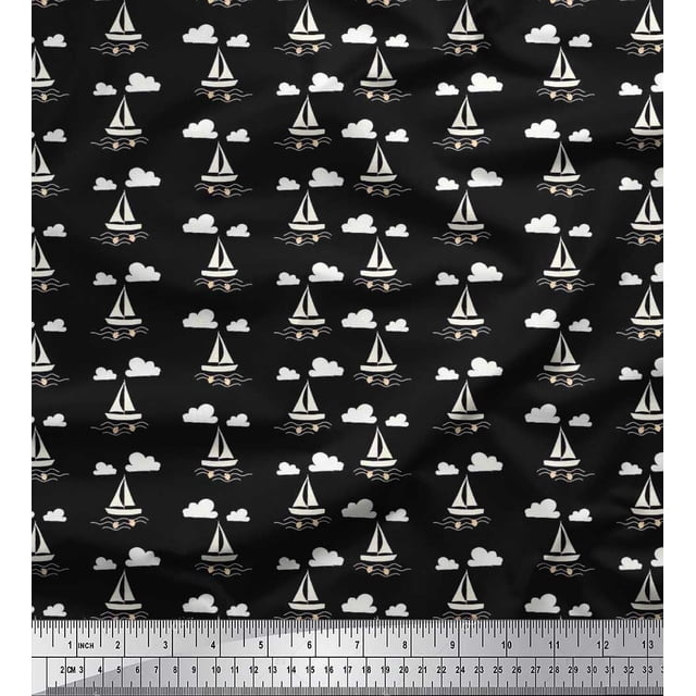 Soimoi Polyester Crepe Fabric Cloud,Fish & Yacht Nautical Print Fabric by The Yard 52 Inch Wide