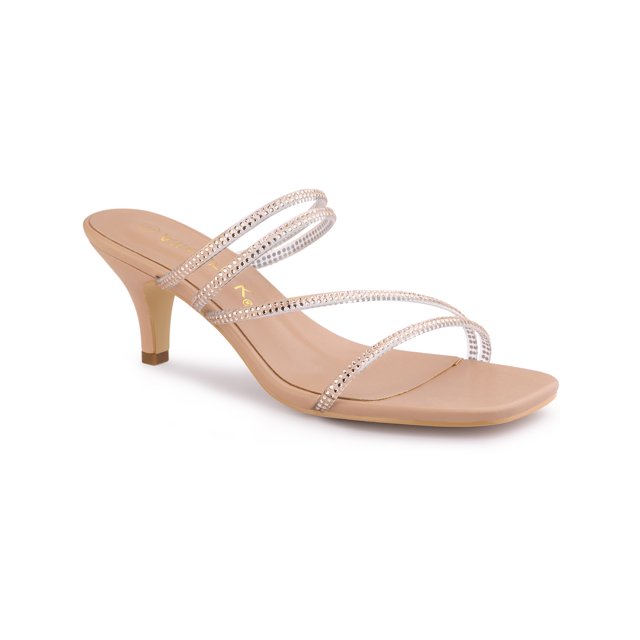 BLISSFUL STEP Women's Slide Sandal Rhinestone Strappy Square Toe Kitten Heel Slide Sandals Nude 7