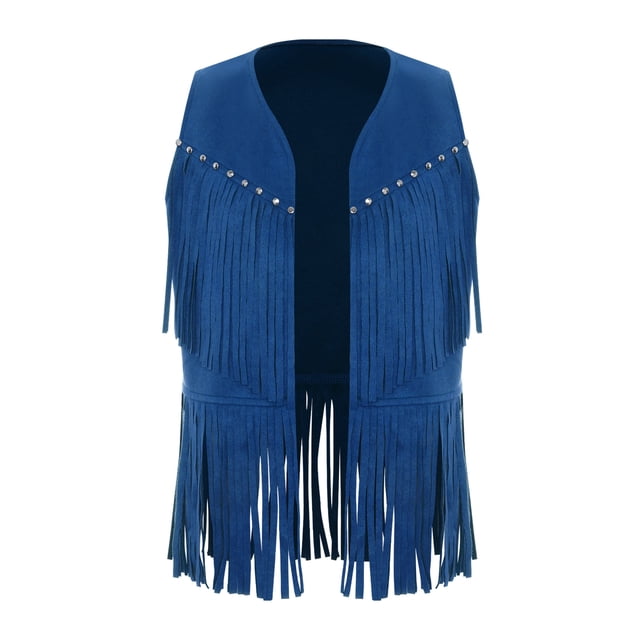 Zaldita Gilet Western Cowboy Rétro Cowgirl Hippie à Franges pour Enfants Rivets Sans Manches Veste Gilet Bleu 16