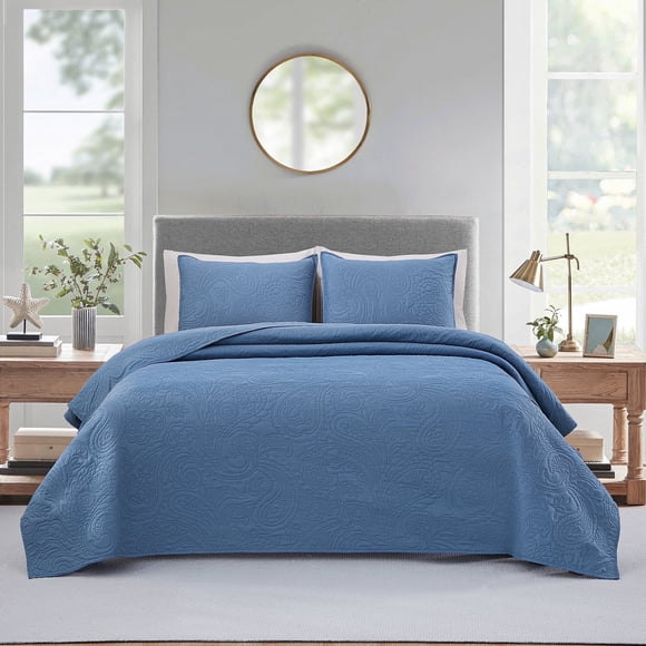 Bourina Ensemble de Courtepointe Moderne à Motif Floral 3 Pcs – Très Grand, Bleu, Léger et Confortable pour Adultes