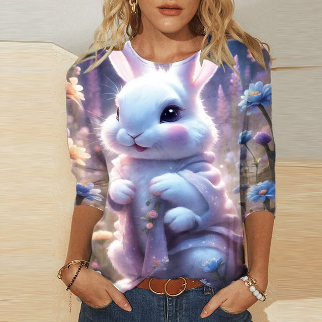 EGNMCR Easter Chemises Imprimées pour Femmes T-Shirts Graphiques pour Femmes T-Shirts Décontractés Mode T-shirt Imprimé Manches 3/4 Col Rond Chandail Froncé Blouse Hauts T-Shirts pour Femmes