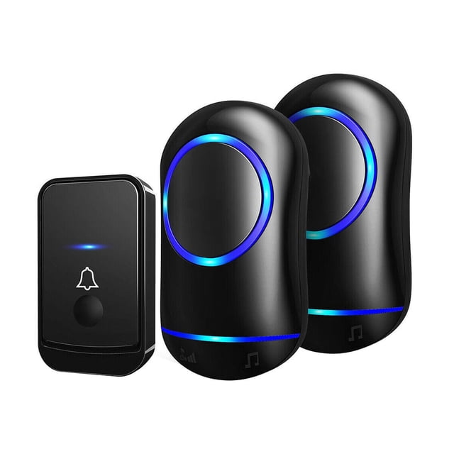 Waterproof Wireless Door Bells 1000ft Long Range Plug in Home Cordless Doorbell with a modern black design and blue LED accents. Includes one push button transmitter and two receivers, perfect for multi-room or multi-floor setups. Features 52 chime options, adjustable volume levels from 0 to 110 dB, and LED indicators for visual alerts. IP44 waterproof transmitter tested for temperatures from -4°F to 140°F, ensuring durability in harsh weather. Easy installation with adhesive patches or screws included, suitable for smart home integration.