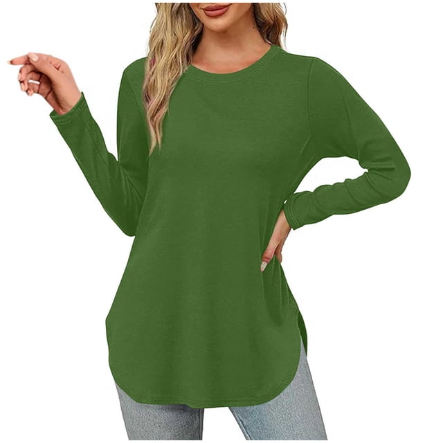 Yuyuzo Womens Tops Crew Neck Long Sleeve Side Split Solid Color Loose Casual Basic Fall Tunic Top