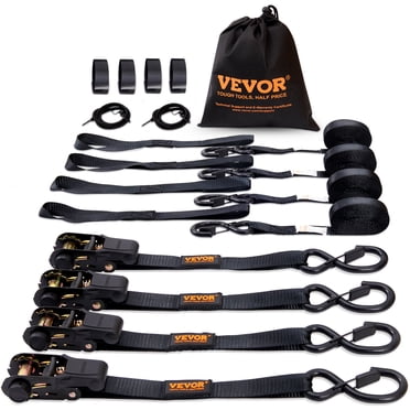 VEVOR Sangles d'Arrimage à Cliquet (Lot de 4), Résistance à la Chute Maximale de 2200 lb, Comprend 4 Attaches à Cliquet de Qualité Supérieure 1 Pouces x 15 Pieds avec Poignées Rembourrées, pour Déménager, Arrimage de Cargaison, Appareils, Équipement de Pelouse, Motocyclette