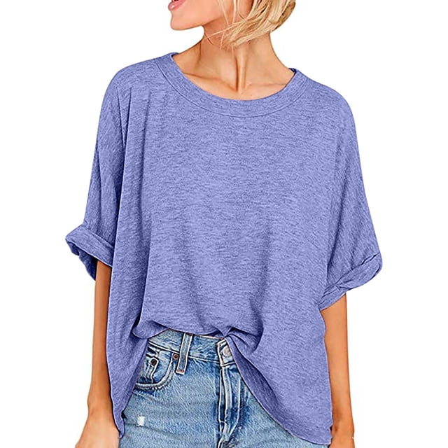 Plebaso T-Shirts Surdimensionnés pour Femmes Manches Courtes Col Rond T-Shirts d'Été Décontractés Amples Blouses 2025