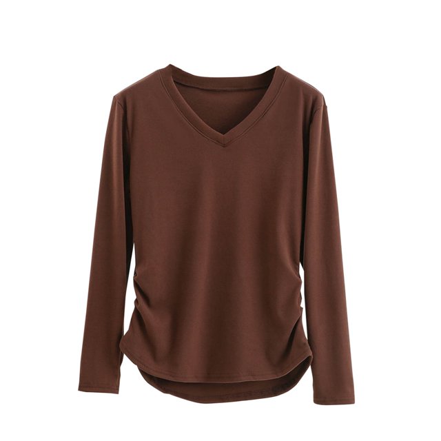 Kaemgyyd Women's V Neck T Shirts Soft Solid Color Long Sleeve Tops Casual Loose Base Layer Tees Fall Spring Clothes