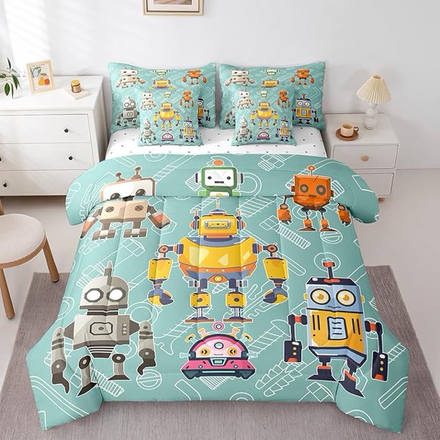 Ensemble de Literie Robot Dessin Animé Taille Grand 7 Pcs, Machine Intelligente Colorée Graffiti, Équipement Mignon Enfants Garçons Vert (Couette + Drap-Housse + 2 Taies d'Oreiller + 2 Housses de Coussin)