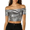 thumbnail image 1 of INSPIRE CHIC Women's Metallic Shiny Party Off Shoulder Crop Top, 1 of 7