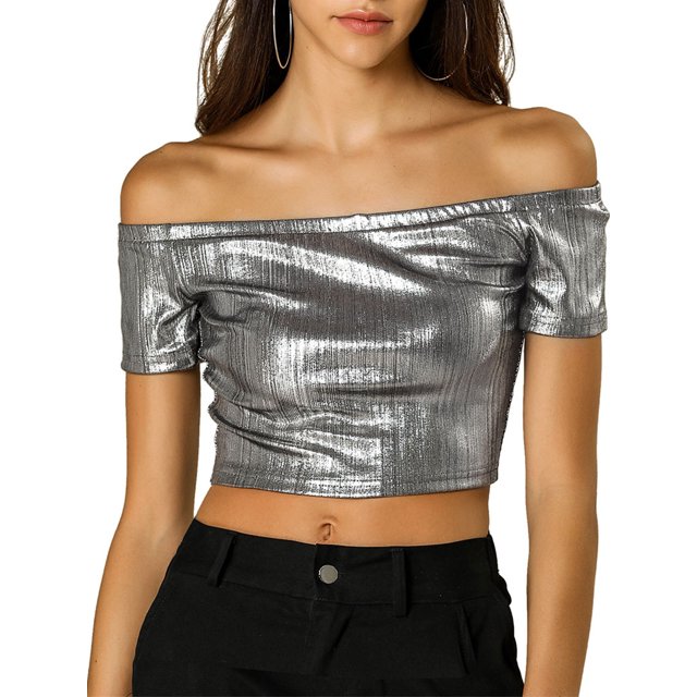 INSPIRE CHIC Women's Metallic Shiny Party Off Shoulder Crop Top