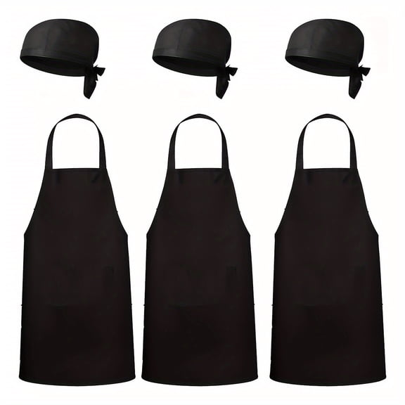 HLONK 3 sets of kitchen aprons and hats suitable for cooking  dining  bar  barbecue  school  and all household purposes - double layered pockets  adjustable  both male and female