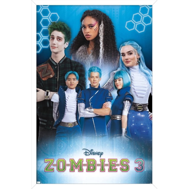Disney Zombies 3 - Affiche Murale de Groupe avec Punaises, 22,375 Po x 34 Po Présentant six Personnages en costumes Futuristes Bleu et Blanc avec accents Argentés Métalliques sur Fond Bleu avec Motifs Hexagonaux. le logo Disney Zombies 3 Apparaît au Bas. Idéal pour la Déco Murale de Chambre Ou de Dortoir.
