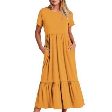 EGNMCR Robes d'Été Femmes Tendance 2024 Robe d'Été Décontractée pour Femme à Manches Courtes Col Rond Robe Décontractée Fluide à Volants Maxi de Plage avec Poches