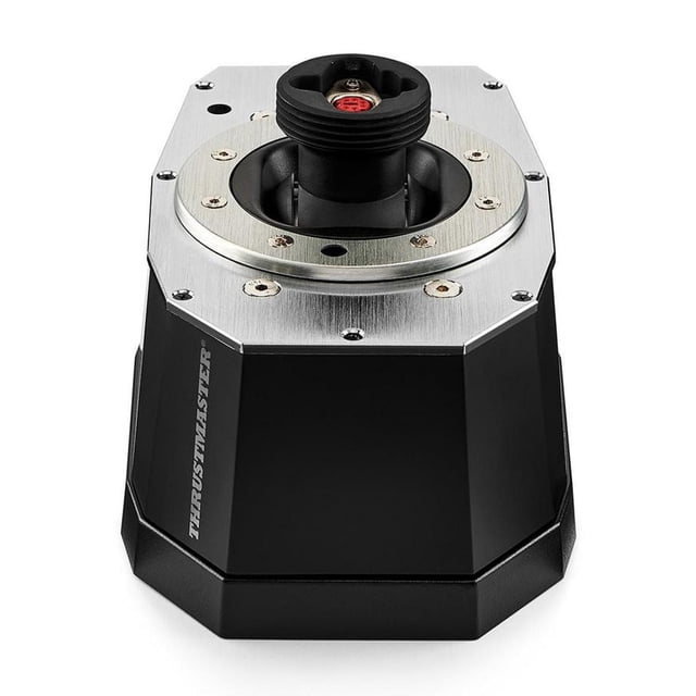 Thrustmaster AVA Base joystick base with a black octagonal body and brushed metal top plate secured by screws, featuring a central black joystick mount for customizable flight simulation control in video game controllers.