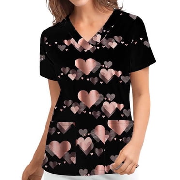 EGNMCR Hauts de Sarrau Femmes Blouse pour Femmes Uniforme de Travail pour Femmes Vêtements Imprimé Col en V Manches Courtes Hauts avec Poche