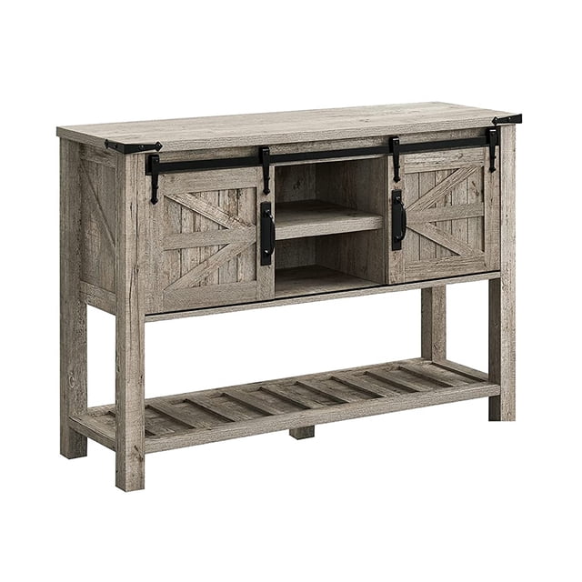 OKD Table d'Entrée Style Ferme avec Portes de Grange Coulissantes en Fini Chêne Rustique Clair. Cette Table console Présente une construction Robuste en Bois d'Ingénierie avec Deux Portes de Grange Coulissantes sur Rails en Métal, des Tablettes Profondes et Dévoilantes pour Rangement Dissimulé. la Table Comprend une Tablette Inférieure à Lattes pour Rangement Ou Exposition Supplémentaires et une surface Supérieure Spacieuse. Mesurant 46 Pouces de long, 13,78 Pouces de Large et 31,97 Pouces de Hauteur, Elle Est Idéale pour les Salons, les Couloirs Ou les Entrées.