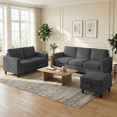 Mjkone 2 Pieces Living Room Furniture Sets, Linen Sectional Sofas and Couches Set with Storage Ottoman for Living Room, 3-Seater + Loveseat + Ottoman,Dark Gray