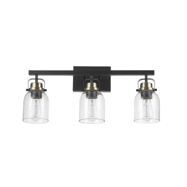 Rockhampton 3-Light Vanity Light, Matte Black, Matte Brass Accent Sockets, Seeded Glass Shades