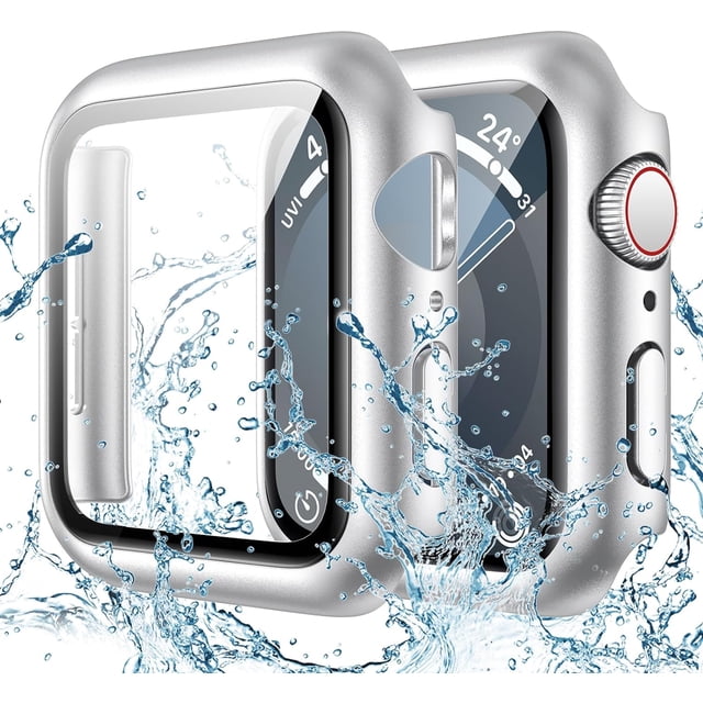 XiHAMA Waterproof Case Compatible with Apple Watch SE (2nd Gen) Series 6 5 4 Screen Protector, Tempered Glass Hard PC Bumper Face Cover