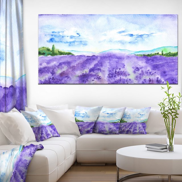 Blue Lavender Fields Watercolor - Landscape Canvas Art Print