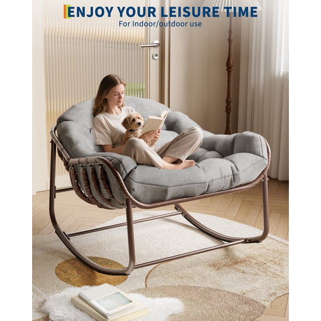 Kojooin Oversized Outdoor Rocking Chair, Comfy Papasan Rocker for Patio, Garden, Porch, Lawn or Bedroom