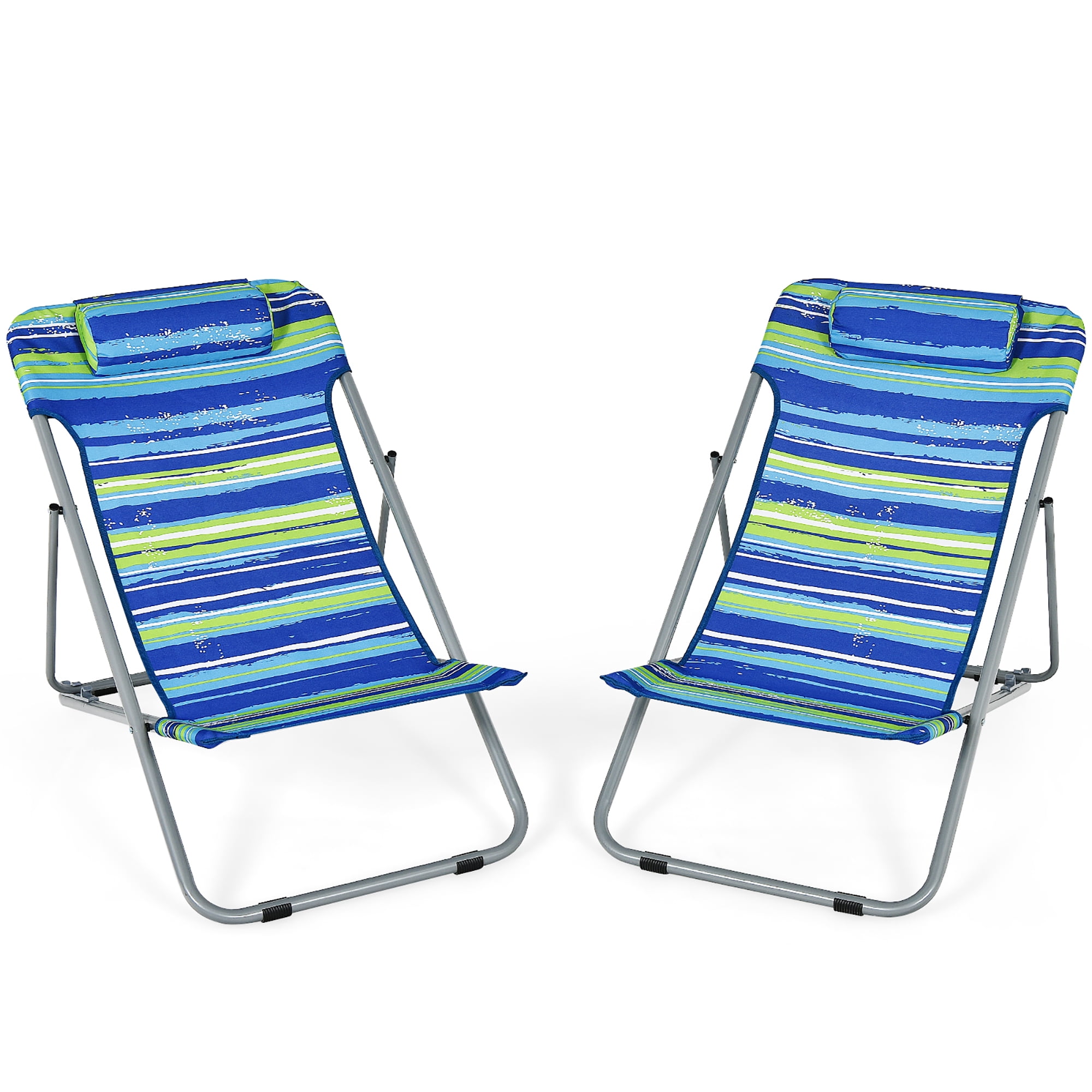 Costway Ensemble de 2 Chaises de Plage Portatives Chaise Longue à 3 Positions avec Appuie-Tête Bleu