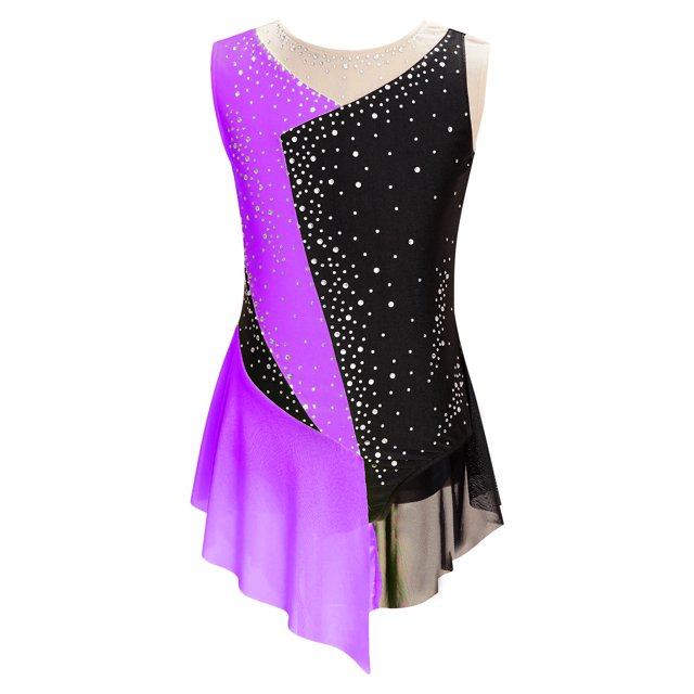 MSemis Kids Girls Shiny Diamond Color Block Mesh Splice Gymnastics Leotard Skating Jumpsuit Dance Purple 12