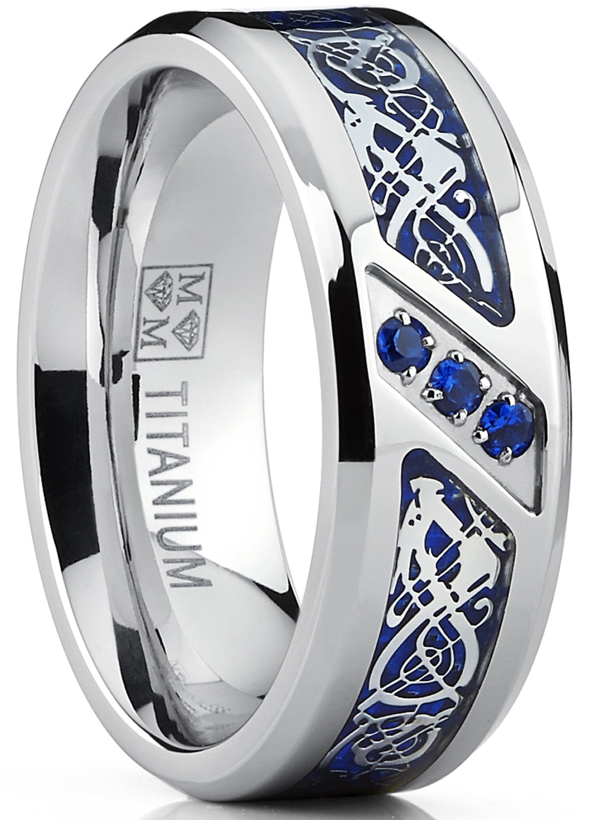 Men's Titanium Wedding Ring Band with Dragon Design Over Blue