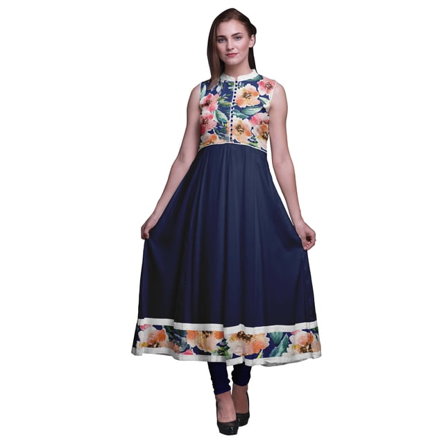 Bimba Robe Anarkali Aquarelle Bleu Royal Col Mandarin Sans Manches Kurtis pour Femmes Imprimé Robe Maxi Grande
