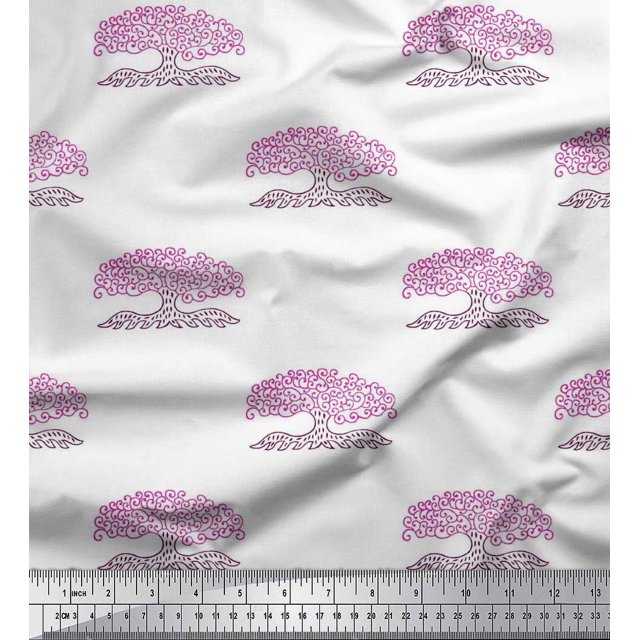 Soimoi Polyester Crepe Fabric Tree Block Printed Craft Fabric by The Yard 42 Inch Wide