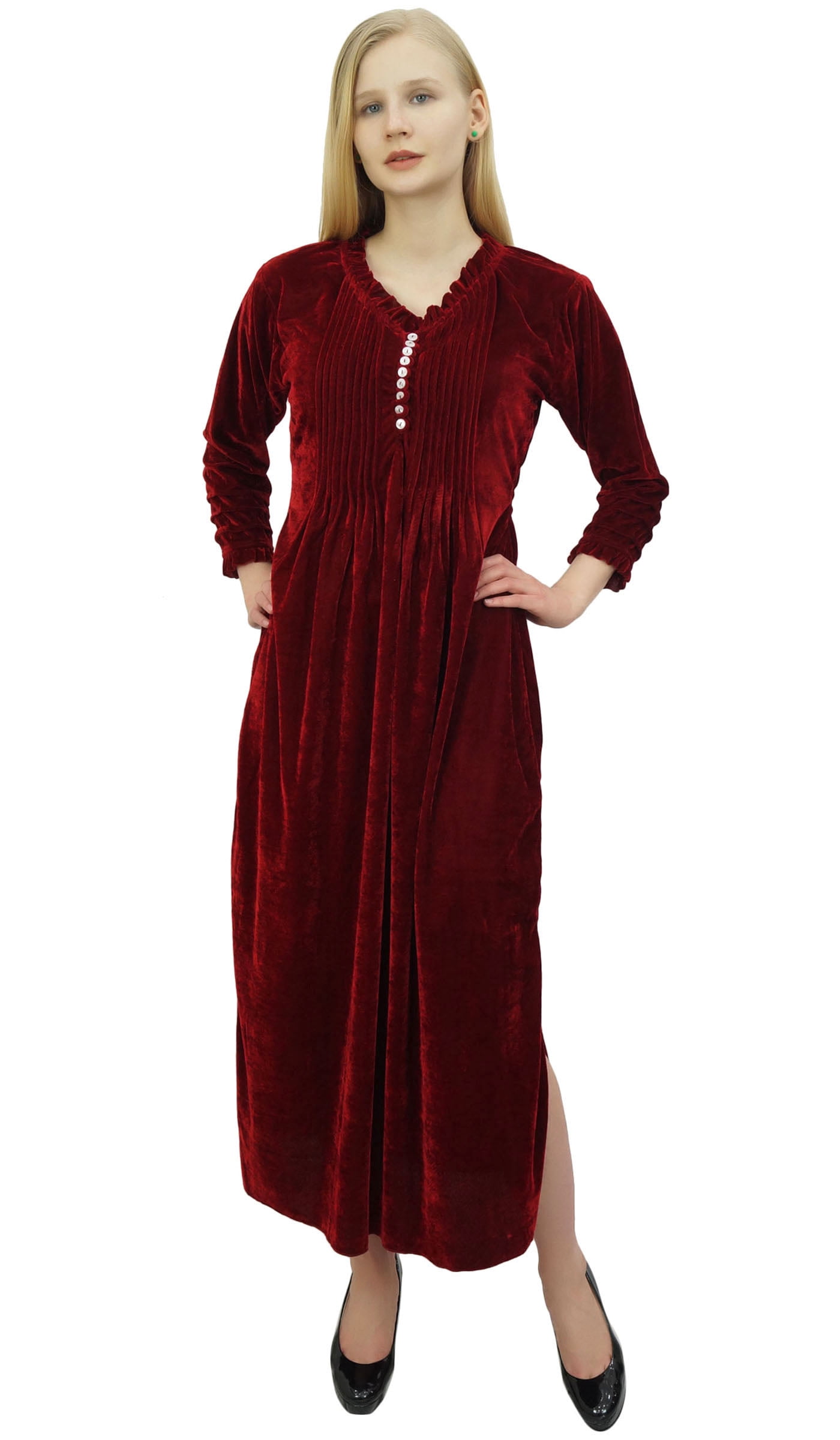 Phagun Robe Maxi Ample Bordeaux à Manches Longues pour Femme, Décontractée avec Poches-22