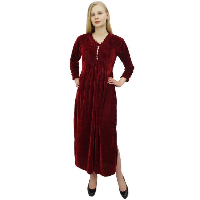 Phagun Robe Maxi Ample Bordeaux à Manches Longues pour Femme, Décontractée avec Poches-6