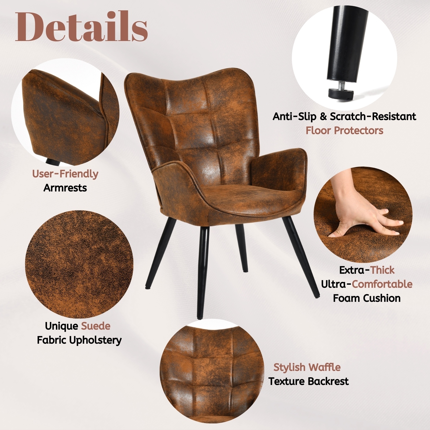 Homy Casa fauteuil d’appoint à dossier oreilles en similicuir brun, dossier capitonné et pieds en métal noir