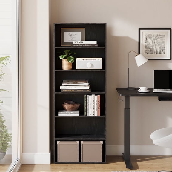 LEDREM 6-Tier Adjustable Bookcase, Open Bookshelf, Storage Shelf Organizer, 22lb Capacity per Shelf, for Home, Office Ebony Black