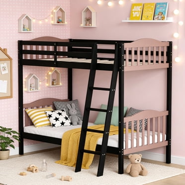 Ktaxon Twin Over Twin Bunk Bed with Safety Guardrails, Solid Wood Bed Frame for Bedroom Guest Room, Black+Brown