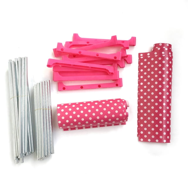 Composants de la Amdohai Bibliothèque Cube à 5 Niveaux Étagère à Livres Support de Rangement Multifonction, avec Connecteurs Roses, tubes en Aluminium et Tissus Non Tissés à Pois Roses, Idéal pour Créer une solution de Rangement Gain de Place pour Livres, Jouets Ou Décorations, Affichée sur un Fond Blanc.