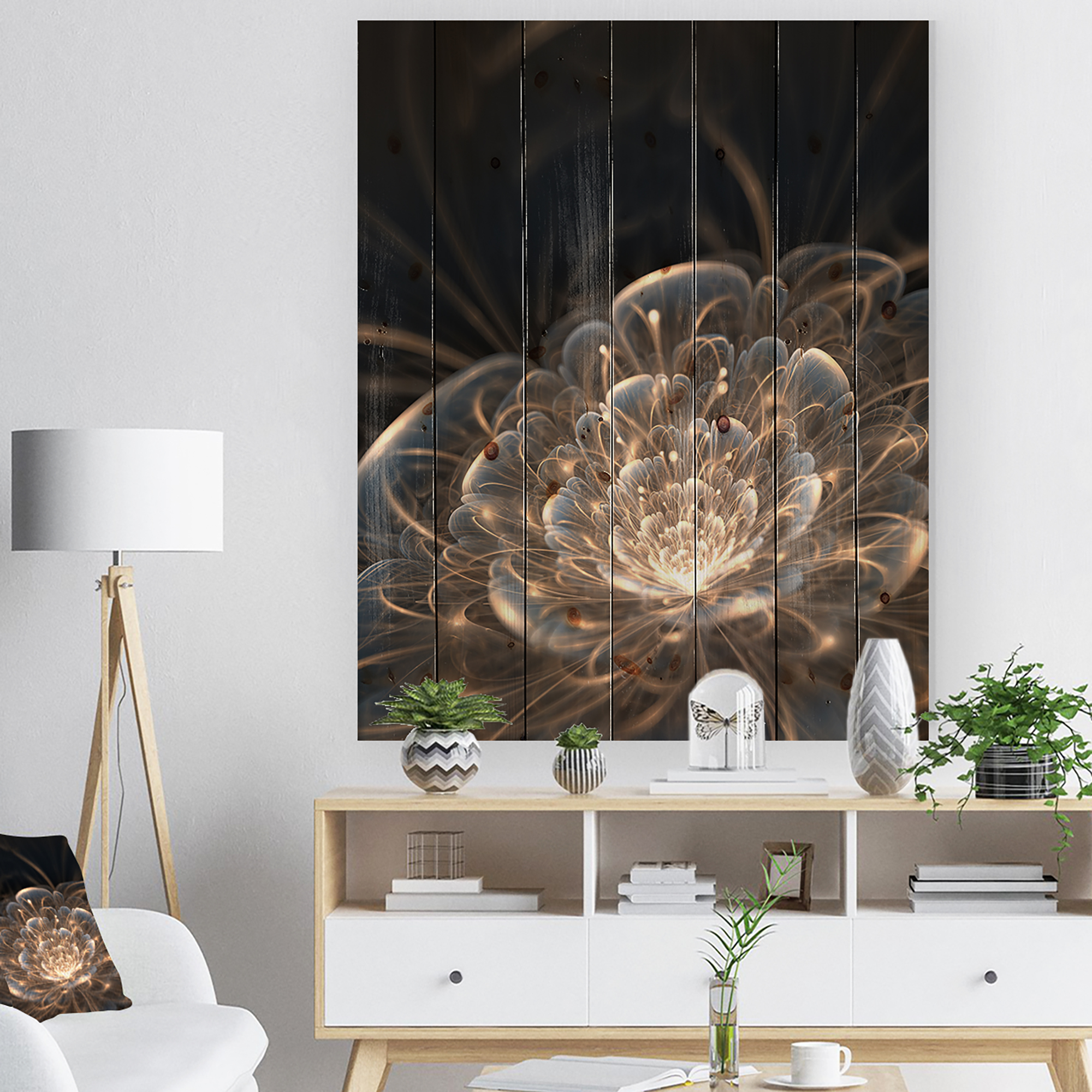 Tableau à toile imprimée florale Design Art Fleur fractale et rayons dorés
