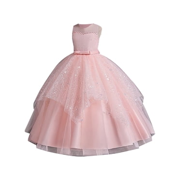 Robes pour Filles Sans Manches à Col Rond Robe de Fête Formelle pour Enfants Brodée Demoiselle d'Honneur Fille Fleur Anniversaire Bal Concours Maxi Robes pour Filles Rose 110/3 A-5 A